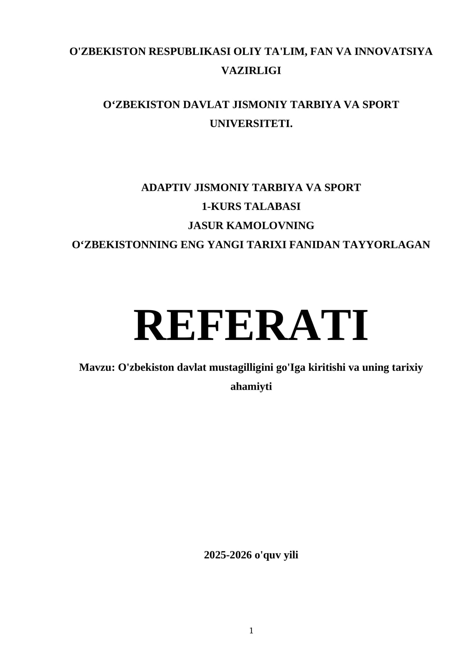 O'zbekistonning eng yangi tarixi fanidan tayyorlagan referati