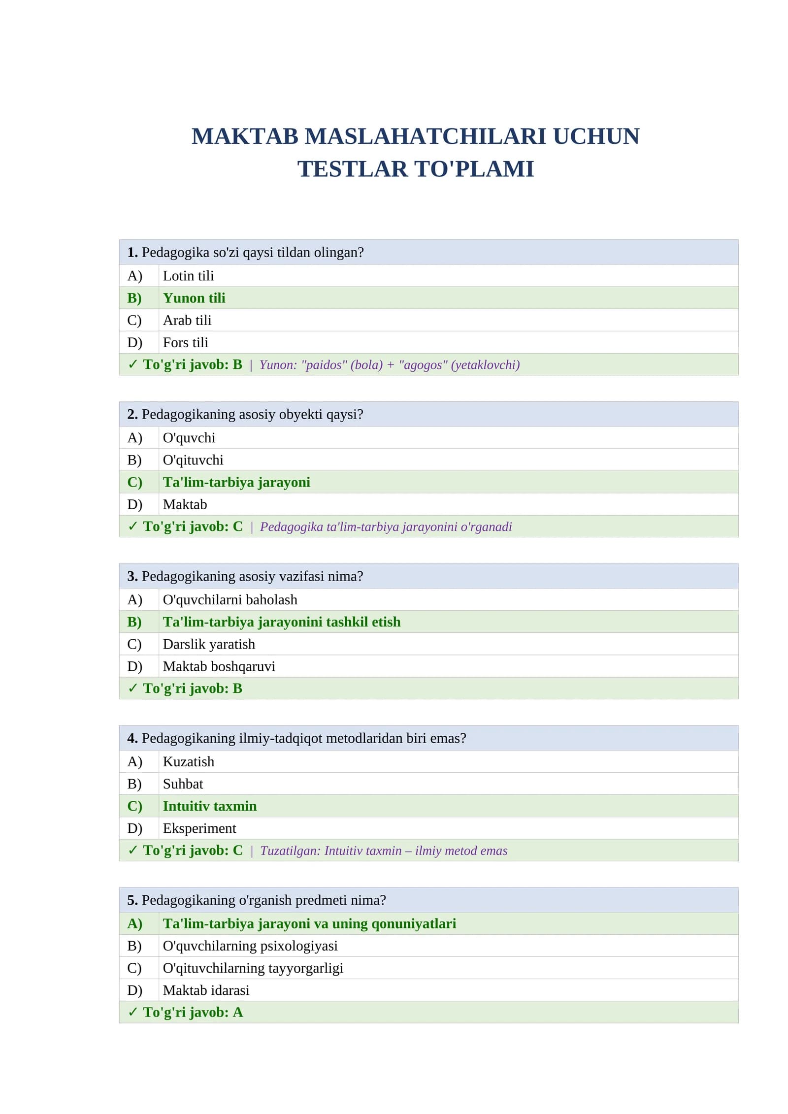 Maktab maslahatchisi test javoblari