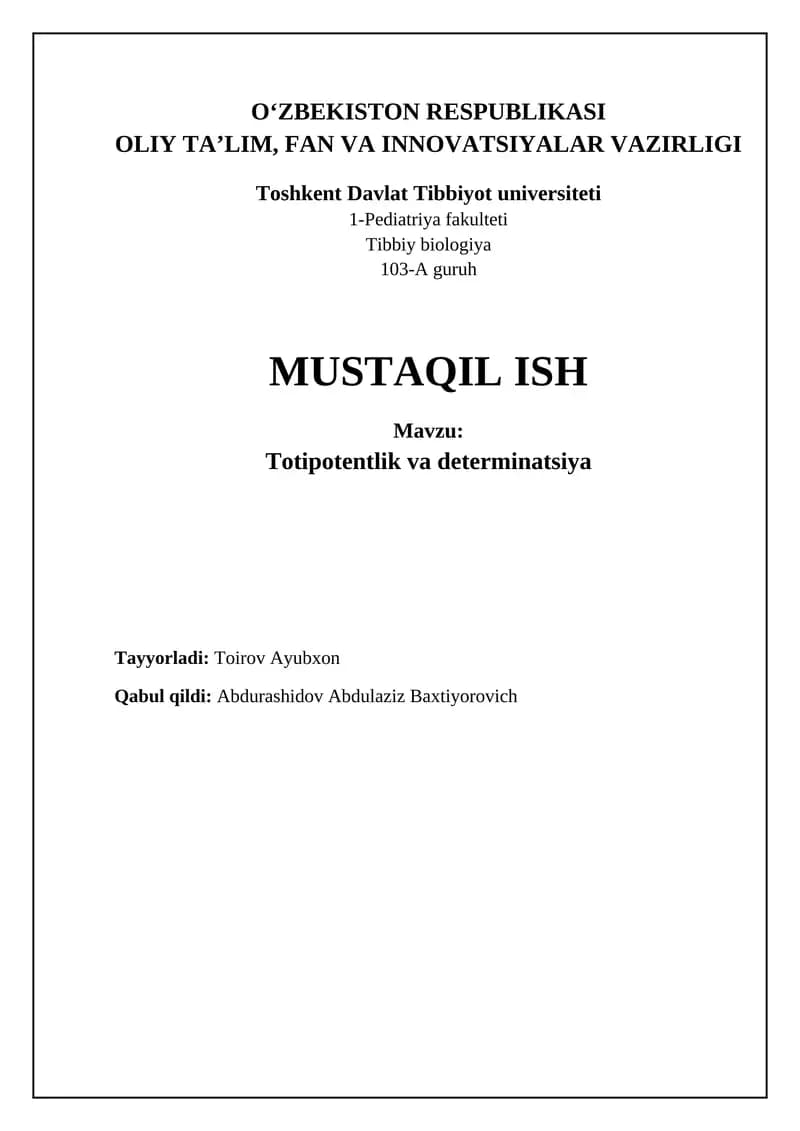 Totipotentlik va Determinatsiya