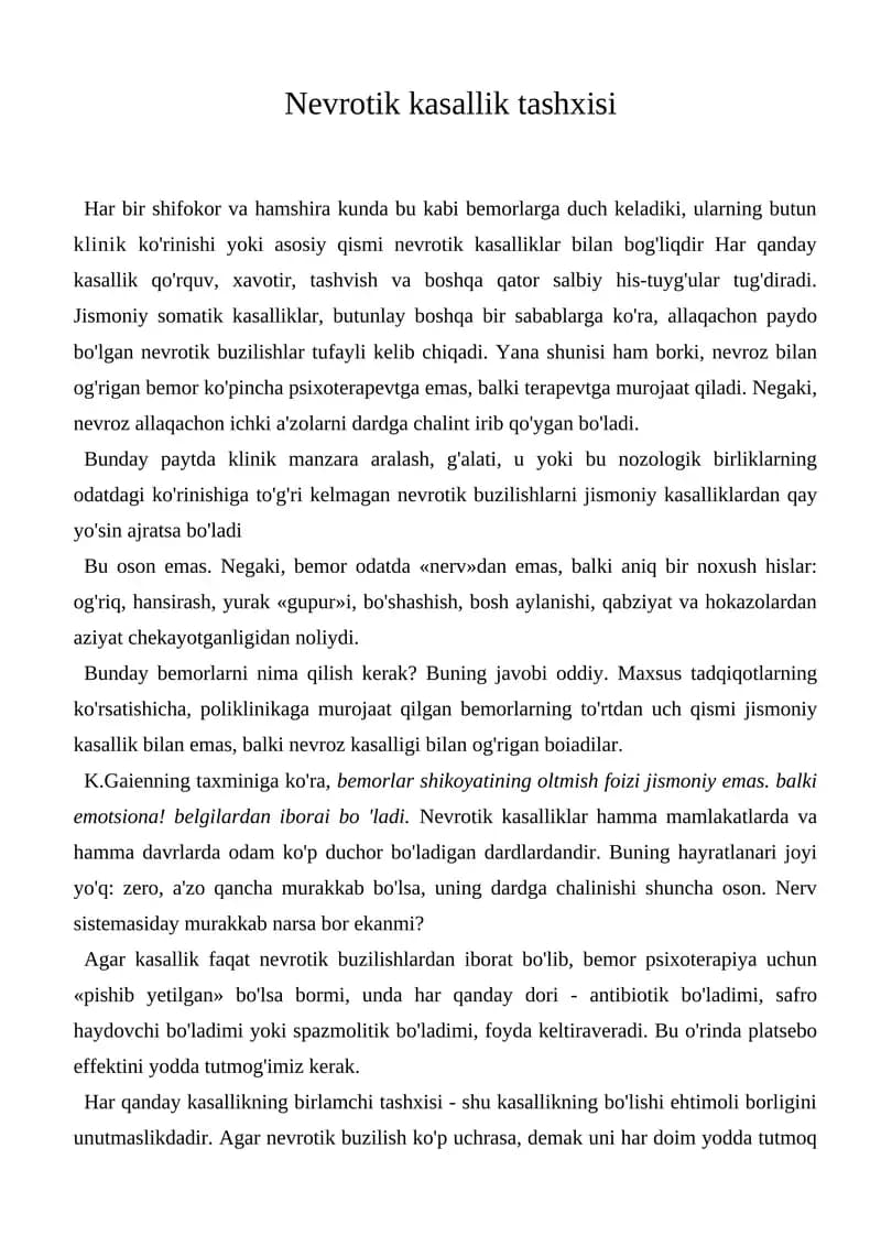 Nevrotik kasallik tashxisi
