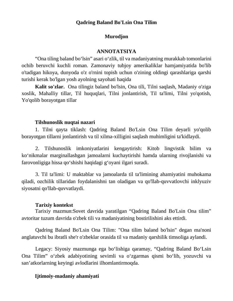 Qadring Baland Bo'Lsin Ona Tilim