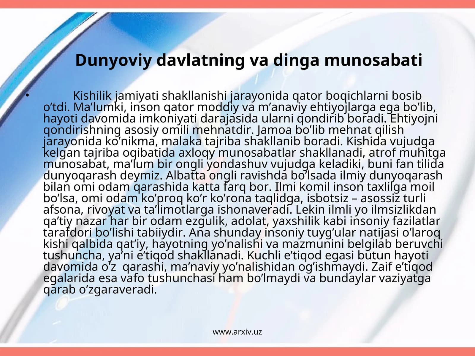 Dunyoviy davlatningva dinga munosabati