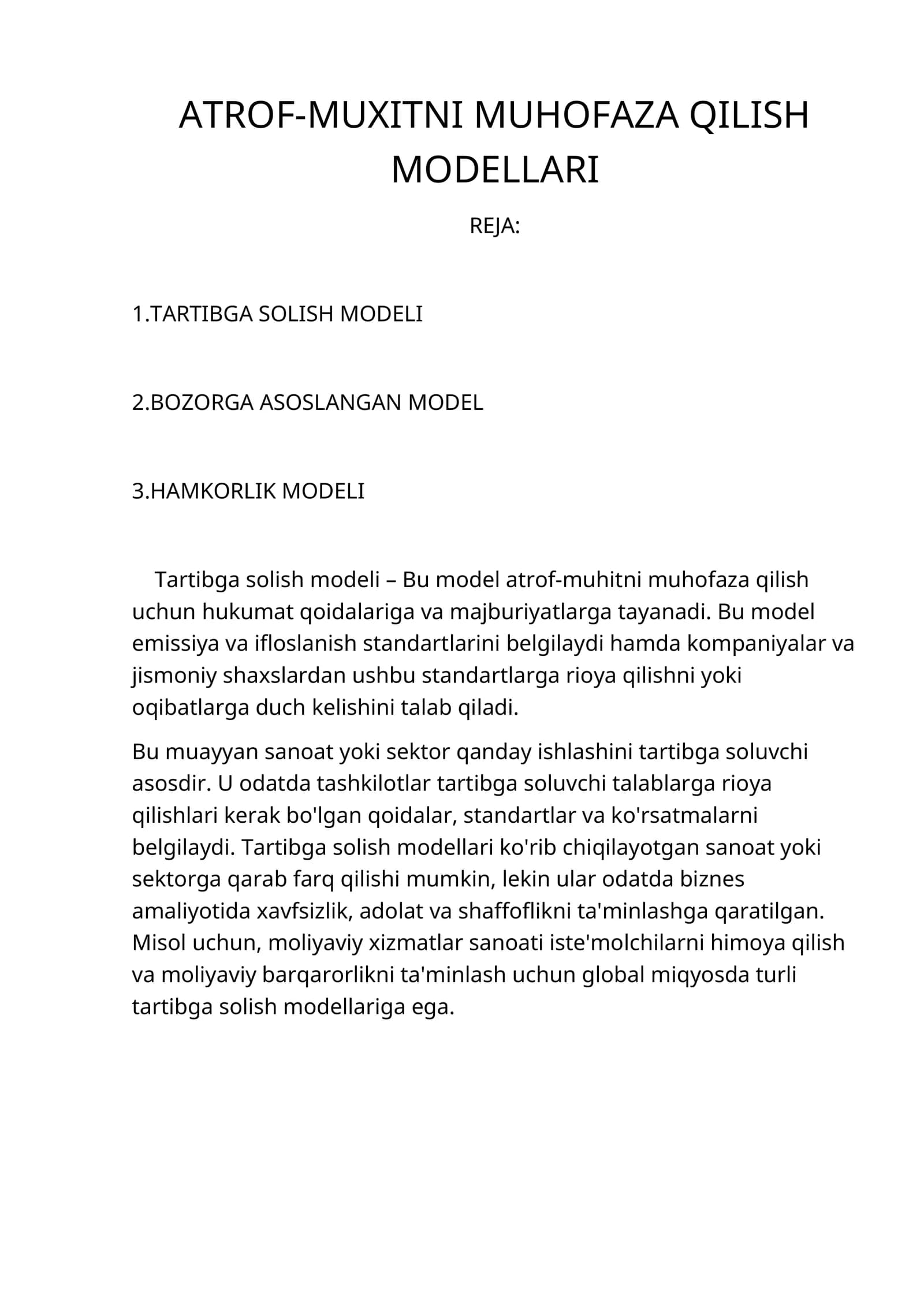 ATROF-MUXITNI MUHOFAZA QILISH MODELLARI