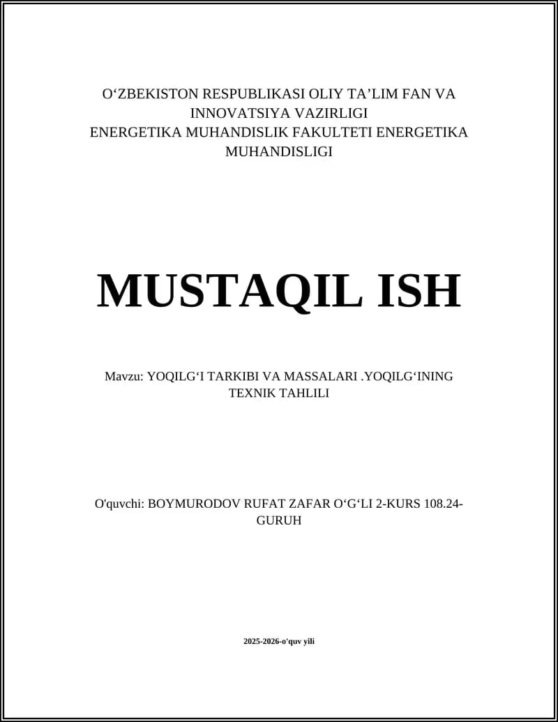 Energetika muhandisligi mustaqil ish