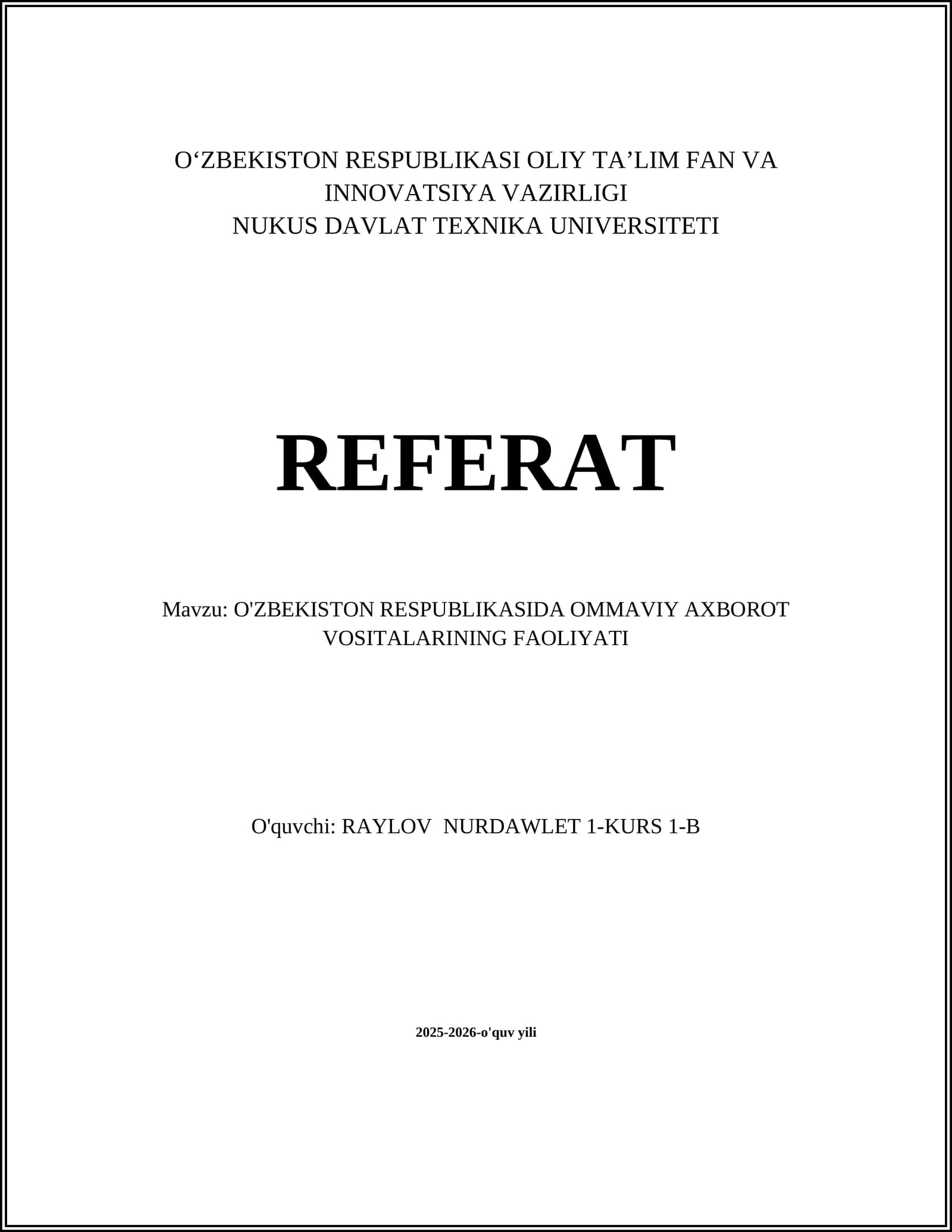 O'ZBEKISTON RESPUBLIKASIDA OMMAVIY AXBOROT VOSITALARINING FAOLIYATI