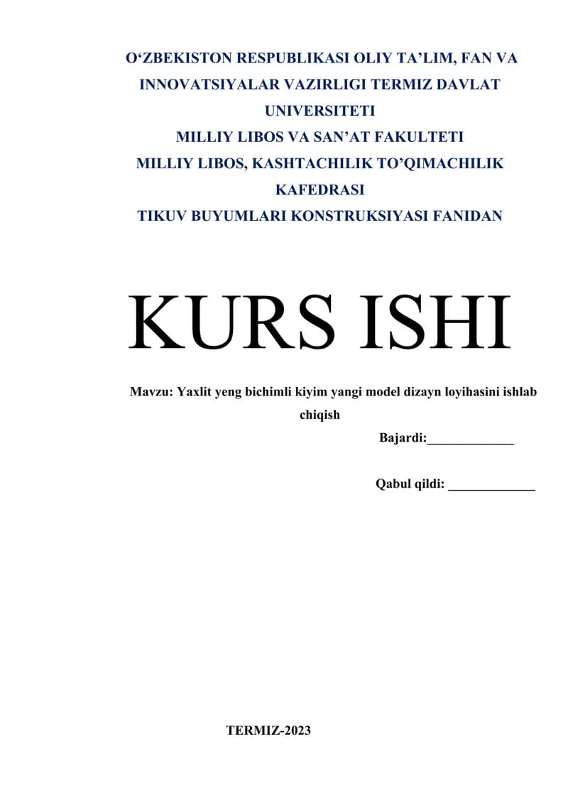 Yaxlit yeng bichimli kiyim yangi model dizayn loyihasini ishlab chiqish