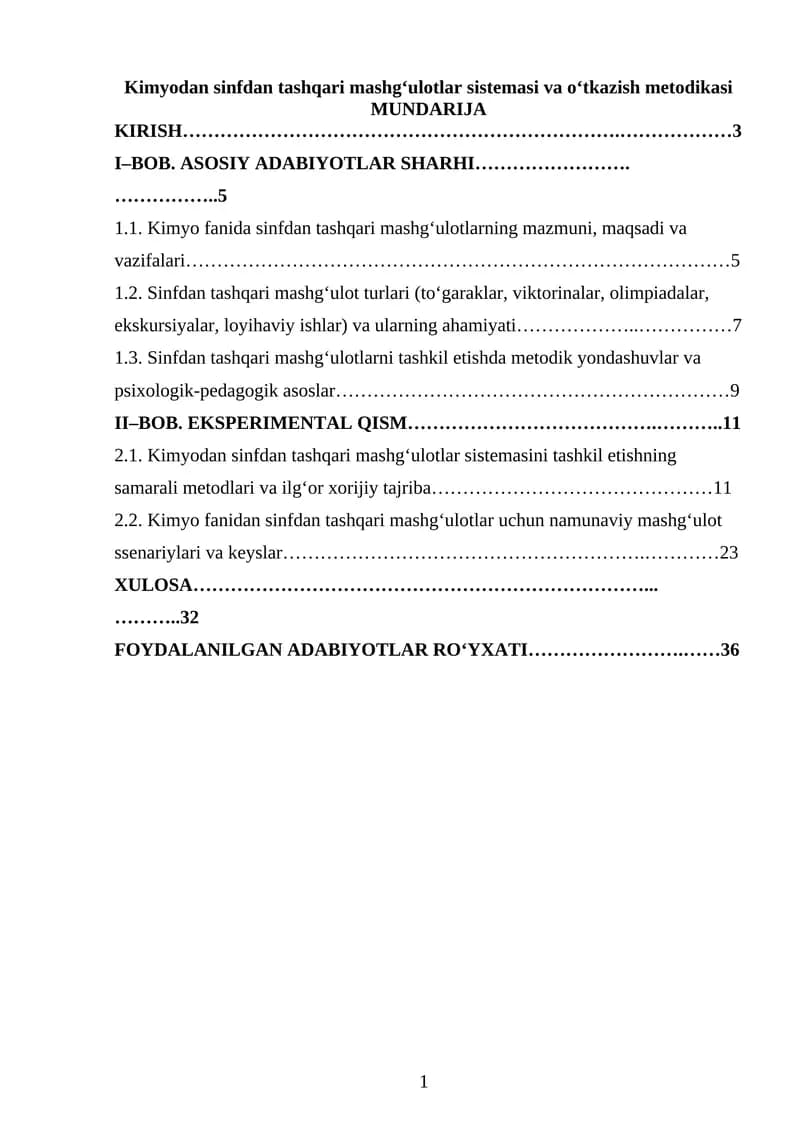 Kimyodan sinfdan tashqari mashg‘ulotlar sistemasi va o‘tkazish metodikasikimyo