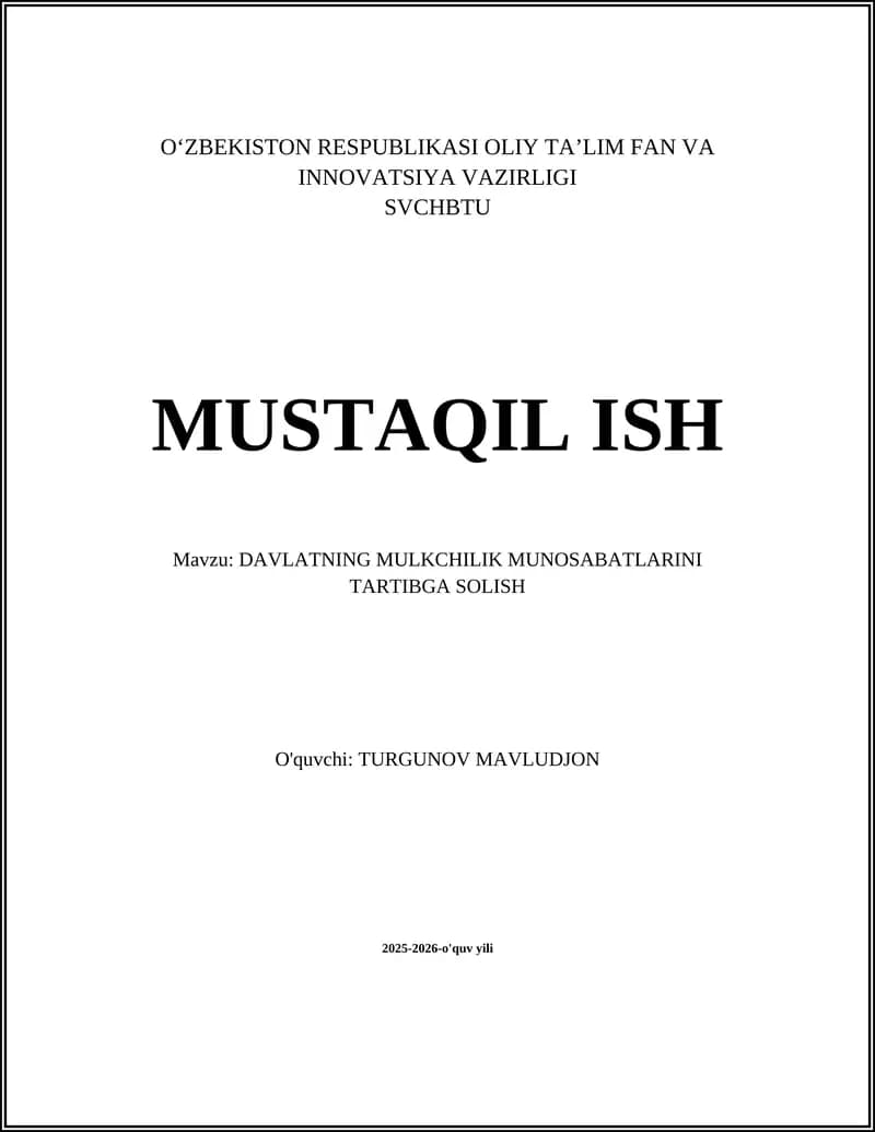 DAVLATNING MULKCHILIK MUNOSABATLARINI TARTIBGA SOLISH