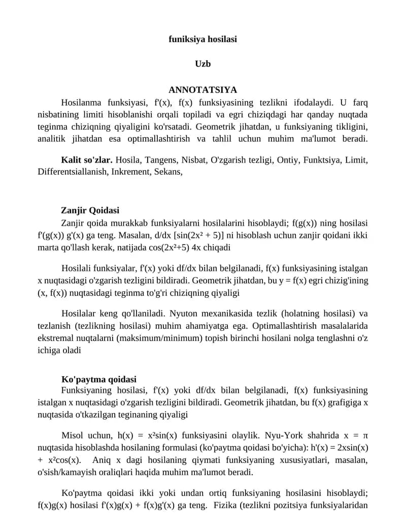 funiksiya hosilasi
