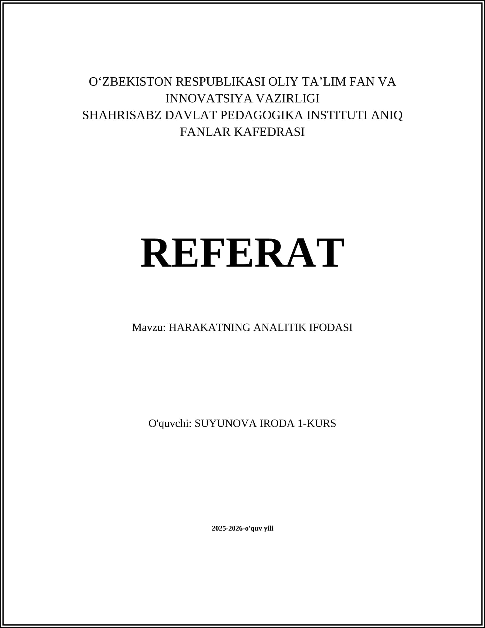 HARAKATNING ANALITIK IFODASI