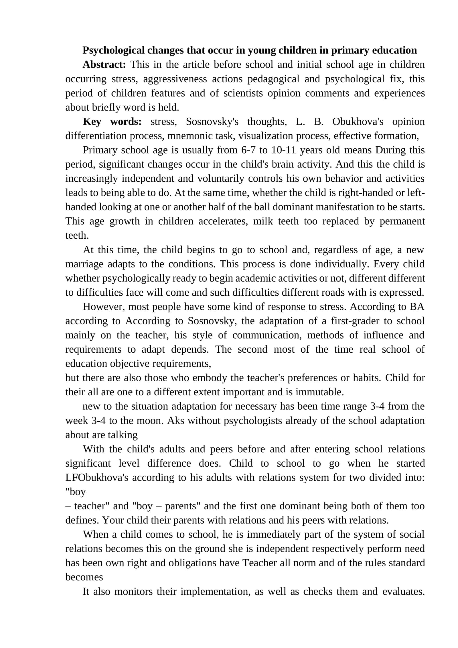 Psychological changes in young children in primary education