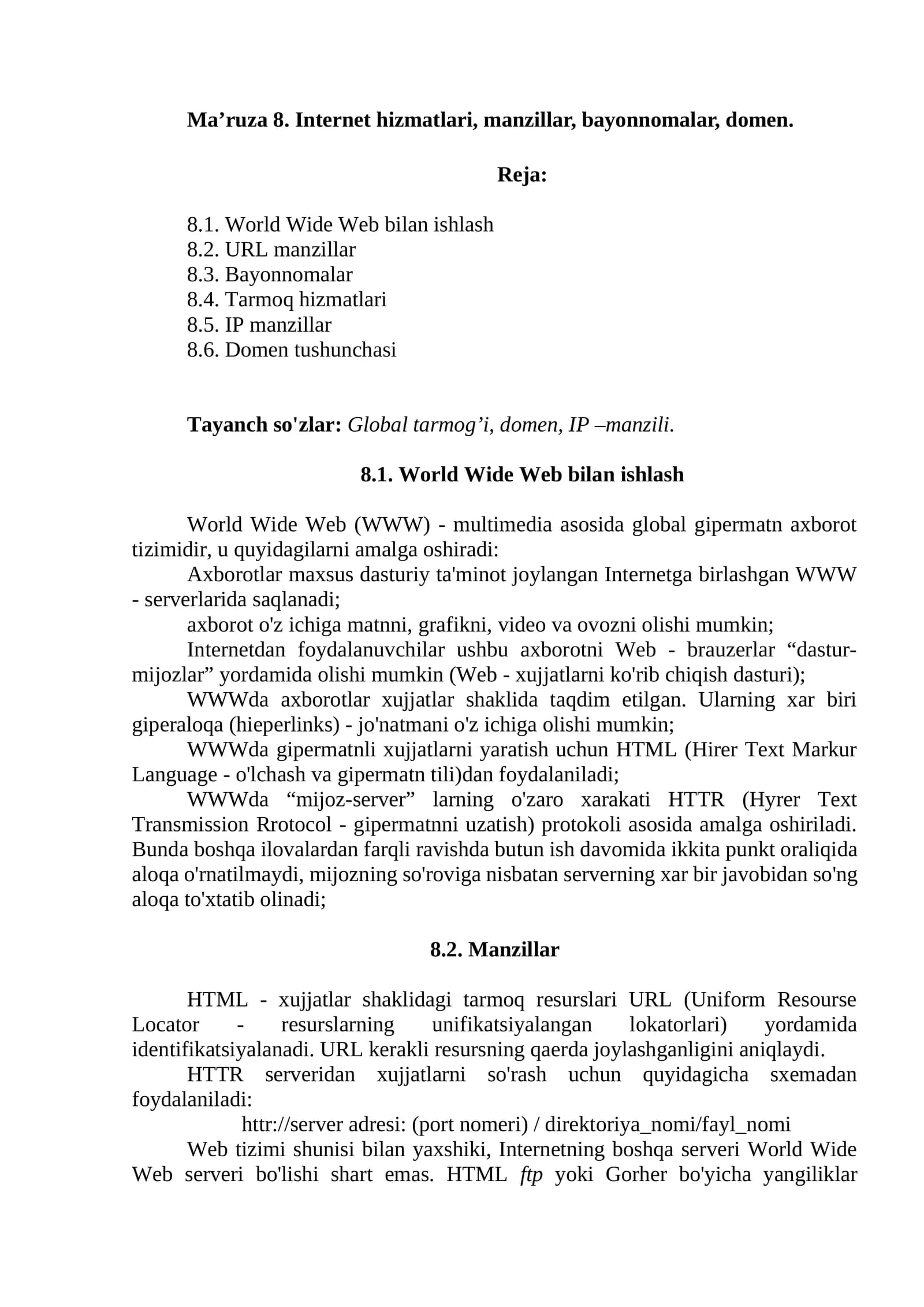World Wide Web bilan ishlash
