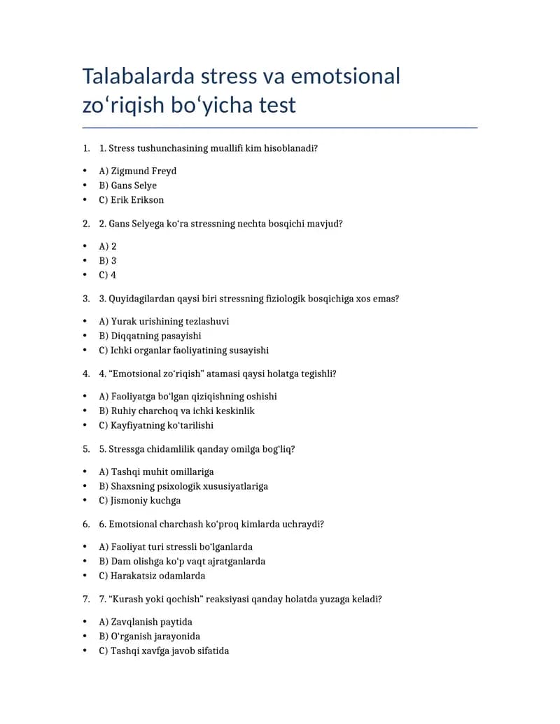 Talabalarda stress va emotsional zo‘riqish bo‘yicha test