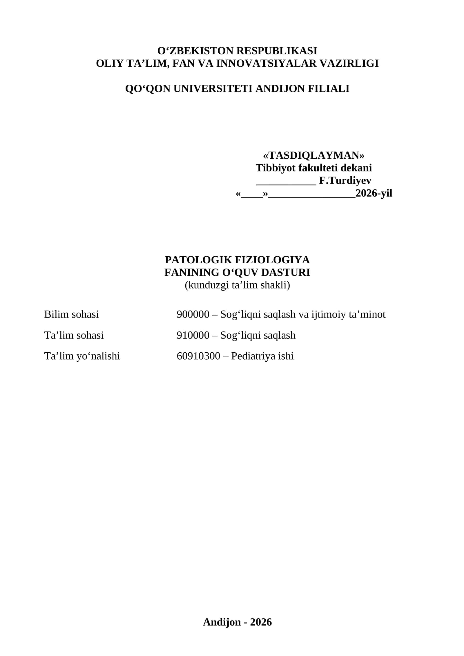 Patologik fiziologiya fanining oʻquv dasturi