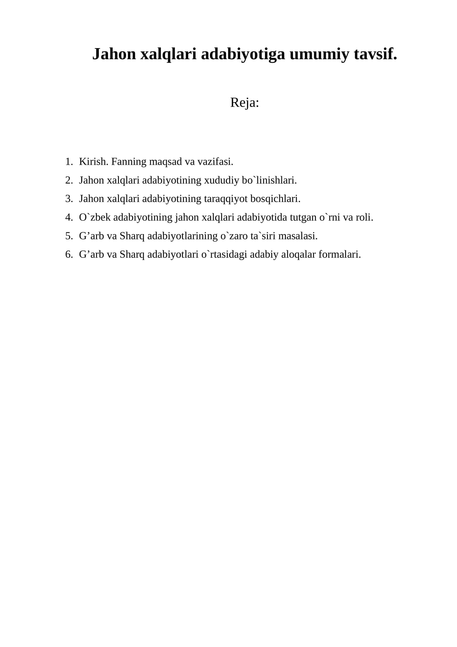 Jahon xalqlari adabiyotiga umumiy tavsif.