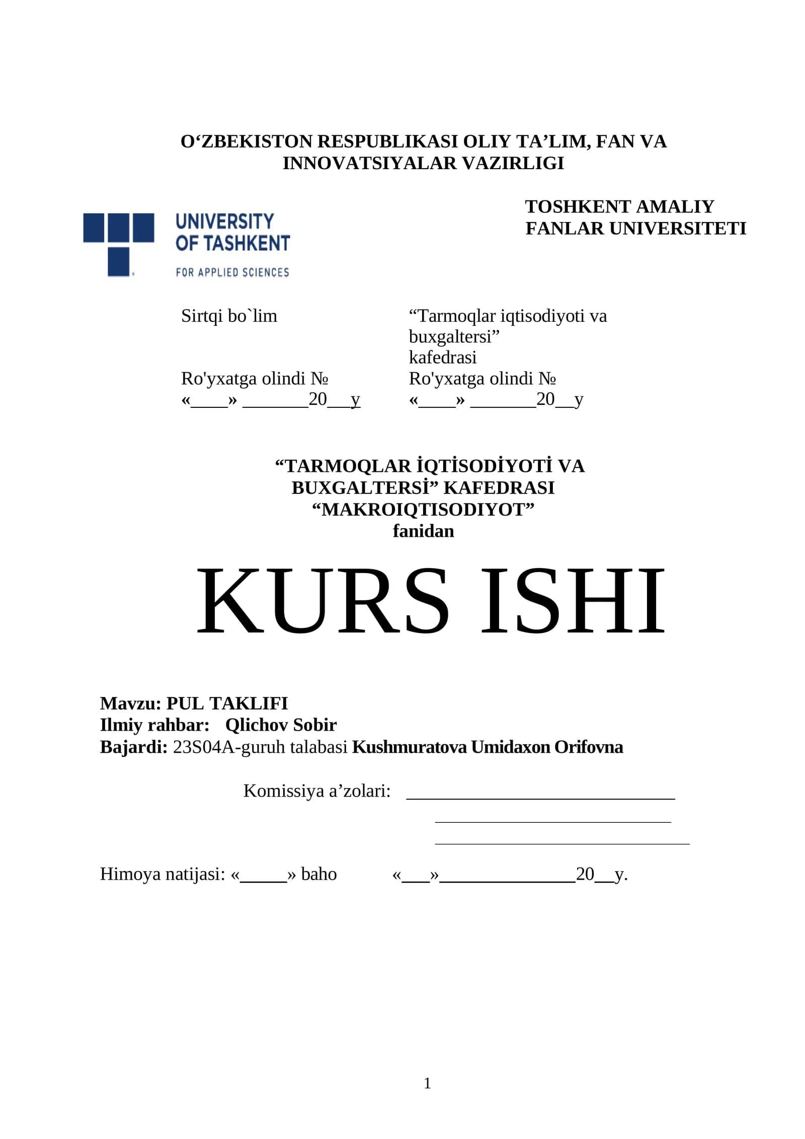 MAKROIQTISODIYOT KURSI: PUL TAKLIFI