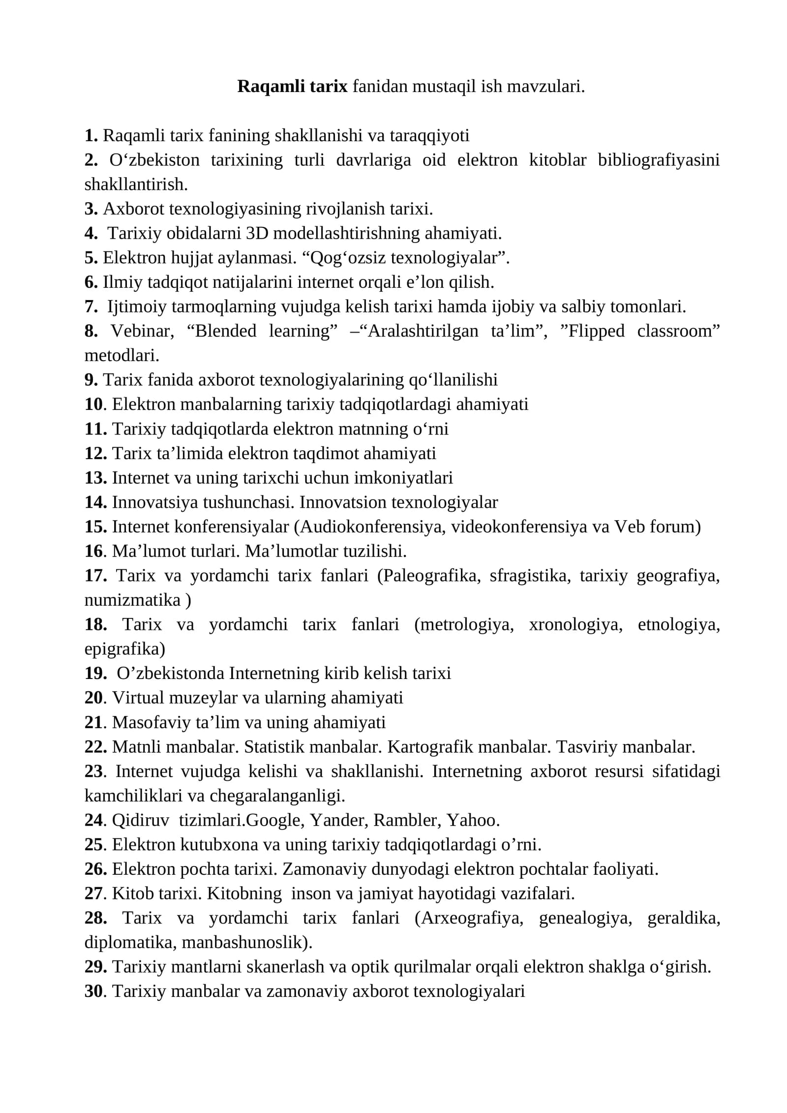 Raqamli tarix fanidan mustaqil ish mavzulari
