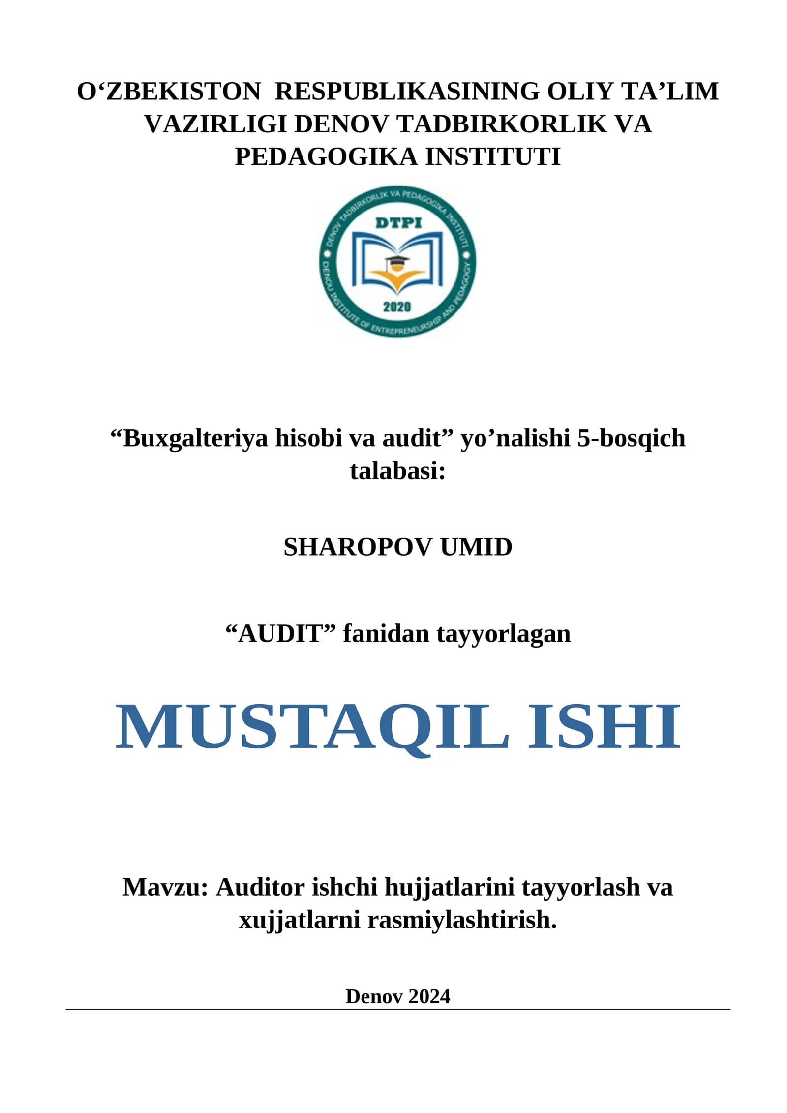 Auditor ishchi hujjatlarini tayyorlash