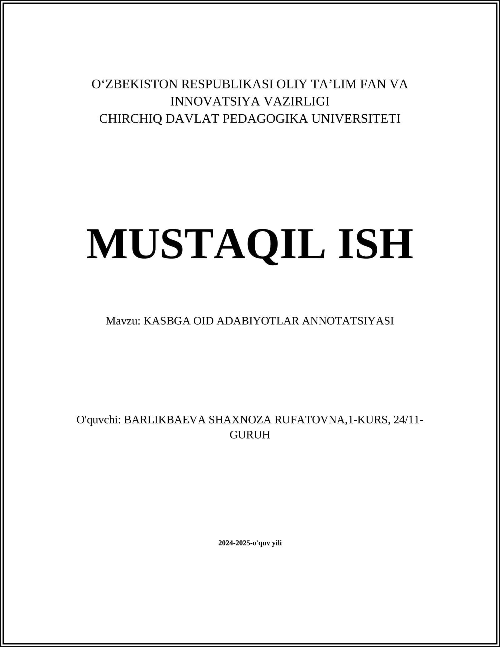 KASBGA OID ADABIYOTLAR ANNOTATSIYASI