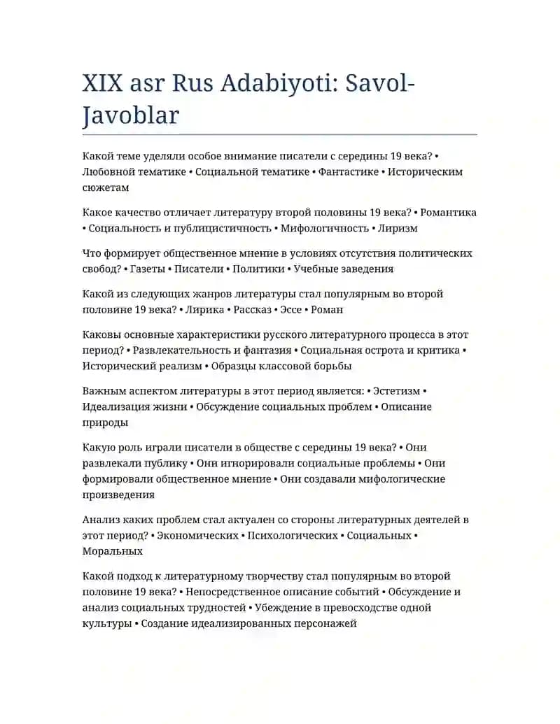 XIX asr Rus Adabiyoti: Savol-Javoblar