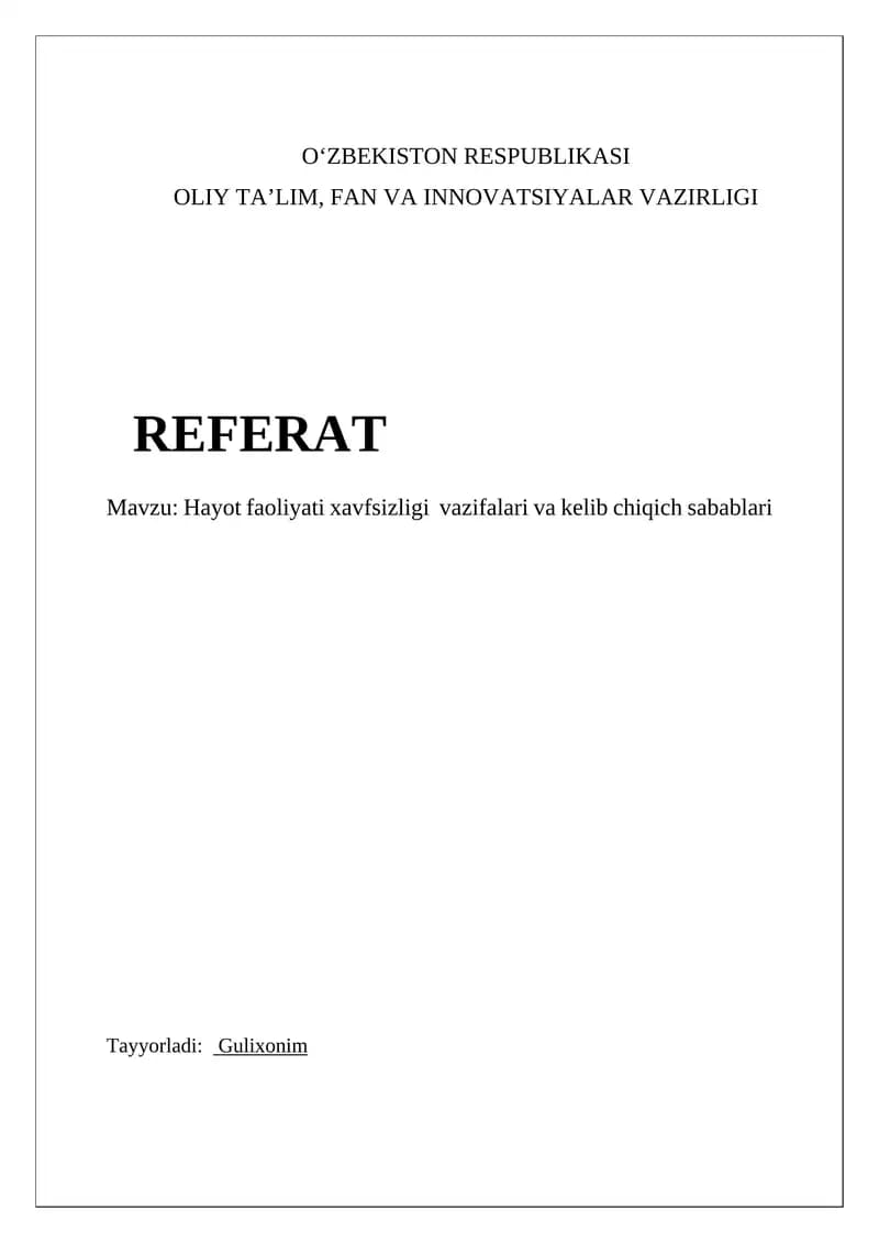 Hayot Xavfsizligi Vazifalari
