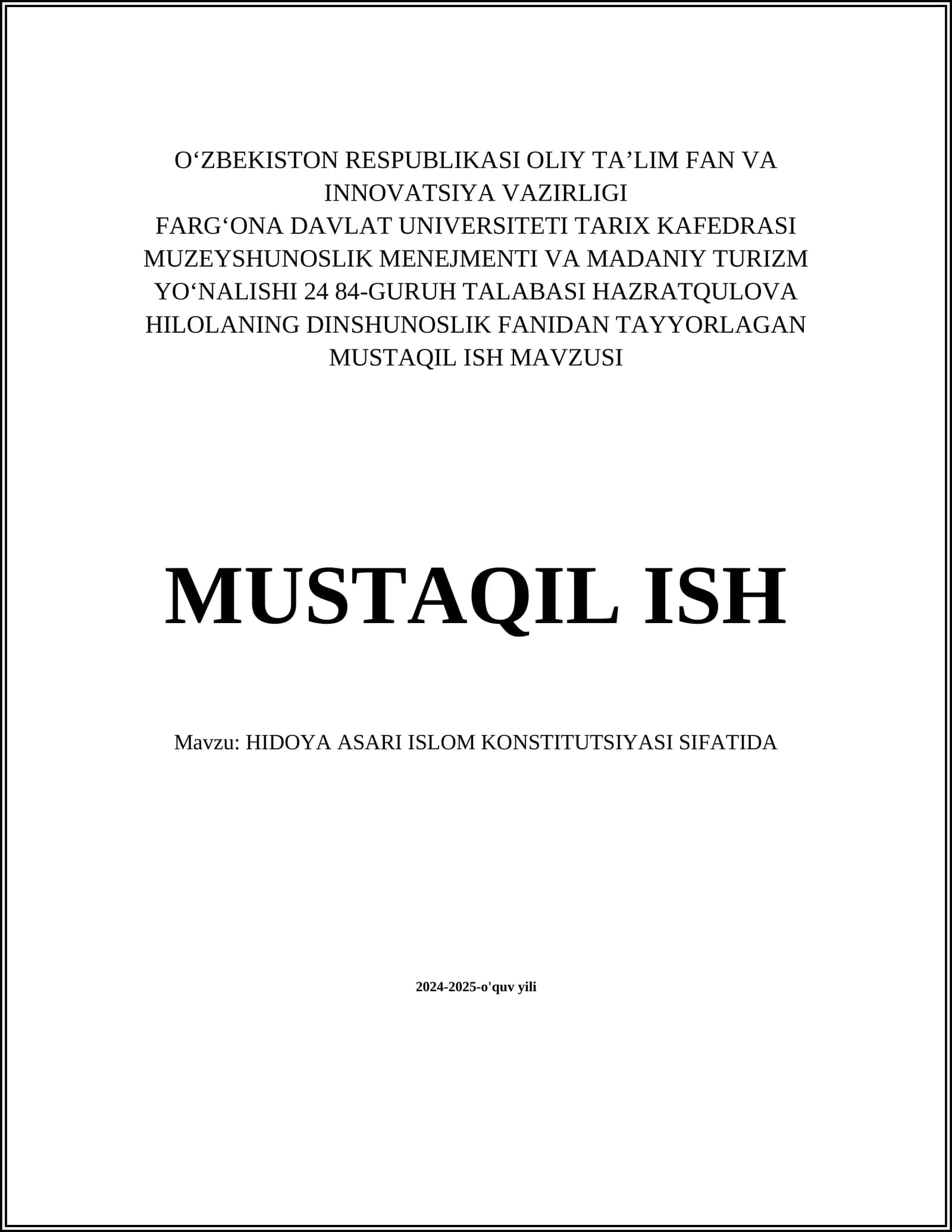 HIDOYA ASARI ISLOM KONSTITUTSIYASI SIFATIDA
