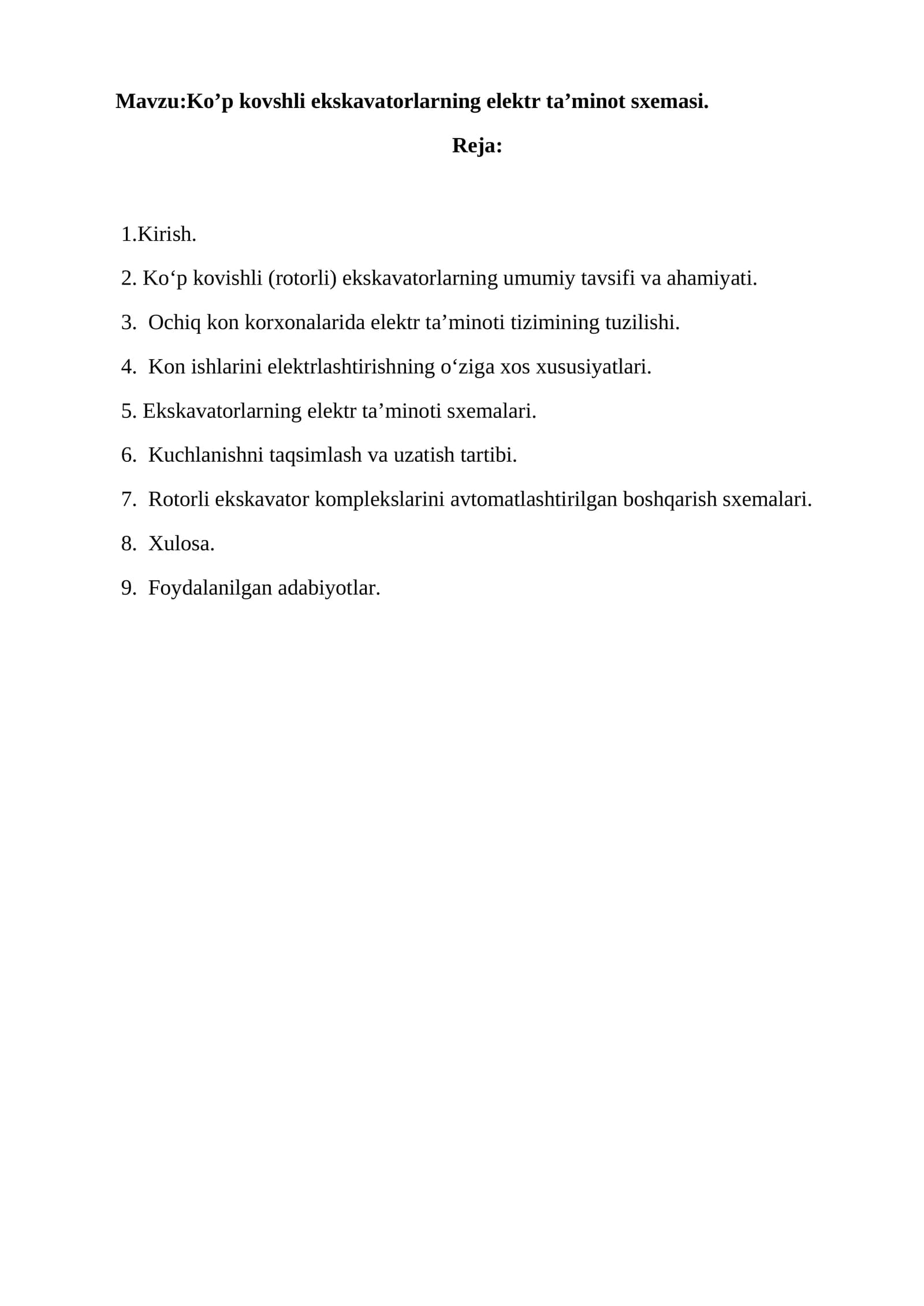 Ko’p kovshli ekskavatorlarning elektr ta’minot sxemasi