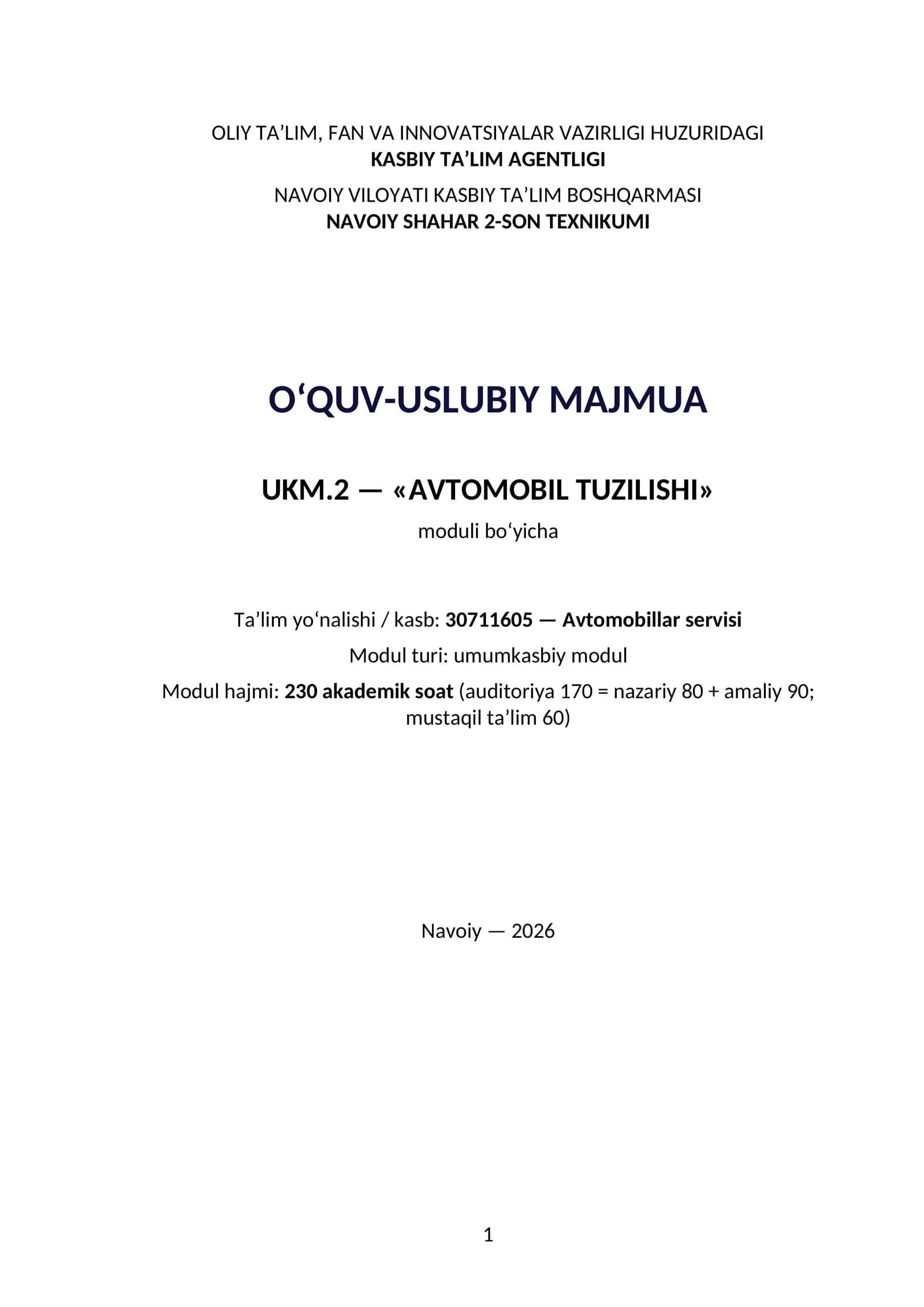 Avtomobil tuzulishi Modul 170 soat