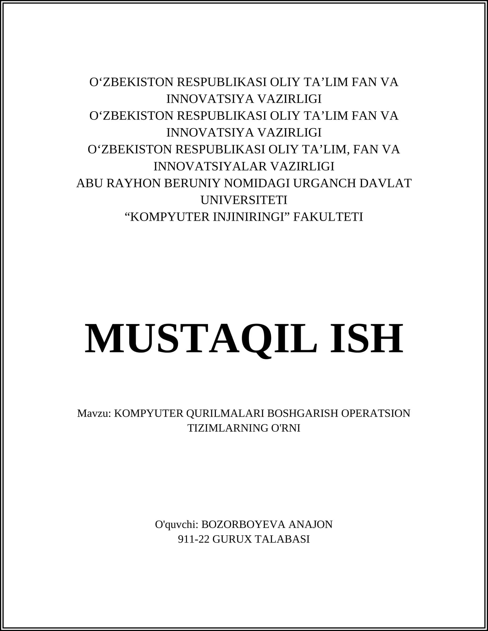 KOMPYUTER QURILMALARI BOSHGARISH OPERATSION TIZIMLARNING O'RNI