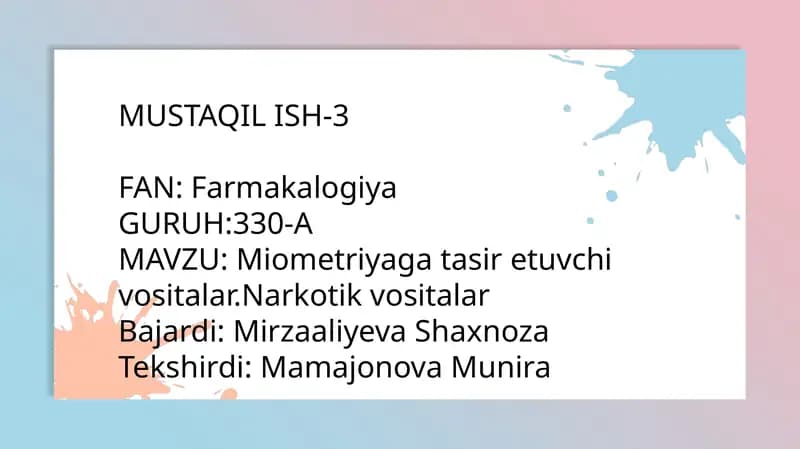 Miometriyaga ta'sir etuvchi vositalar.Narkotik vositalar