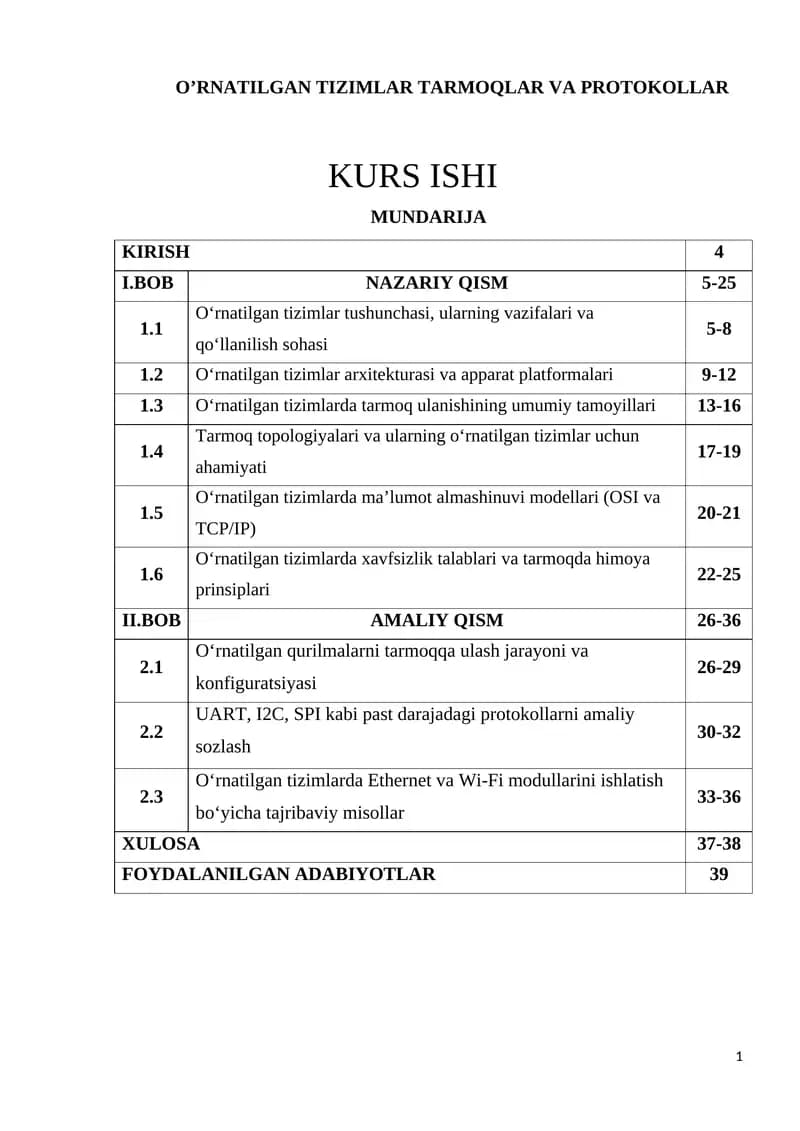 O’RNATILGAN TIZIMLAR TARMOQLAR VA PROTOKOLLAR