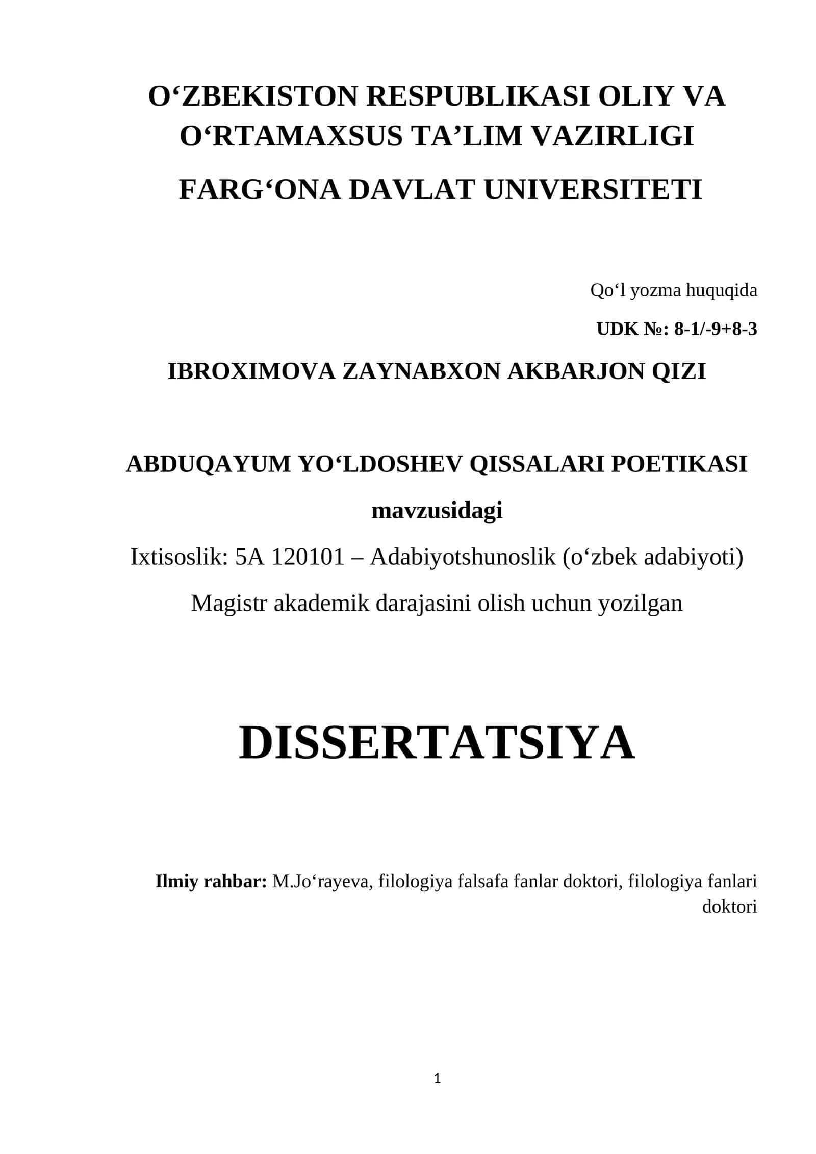 ABDUQAYUM YO‘LDOSHEV QISSALARI POETIKASI