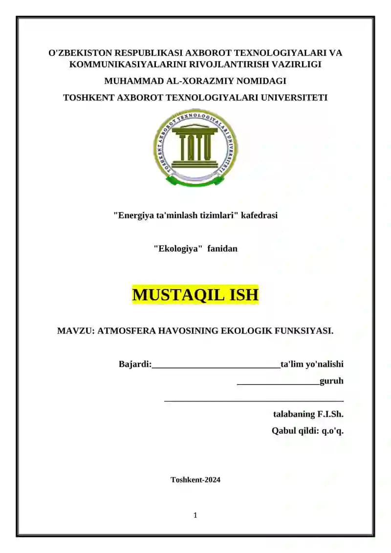 ATMOSFERA HAVOSINING EKOLOGIK FUNKSIYASI