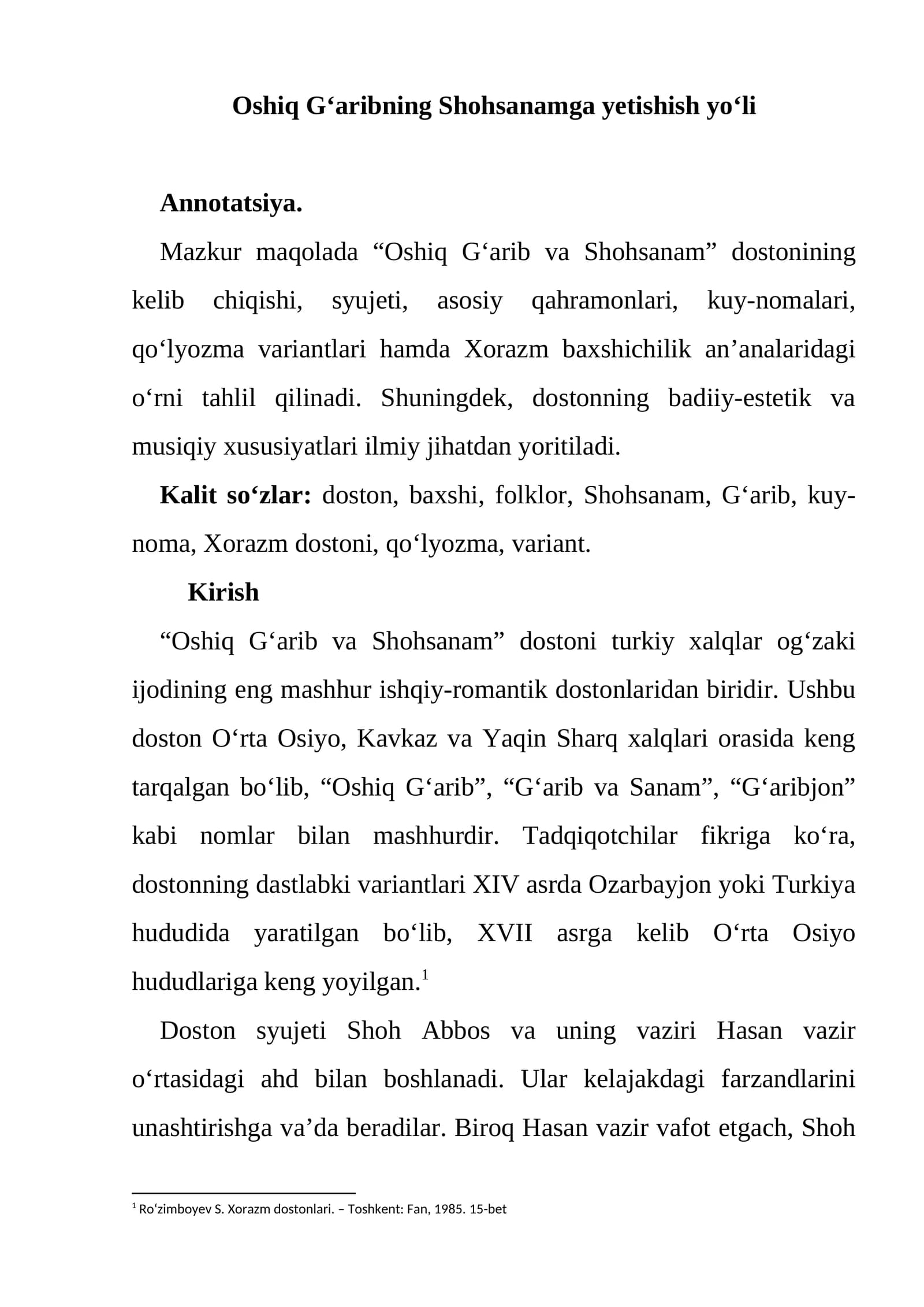 Oshiq G‘aribning Shohsanamga yetishish yo‘li