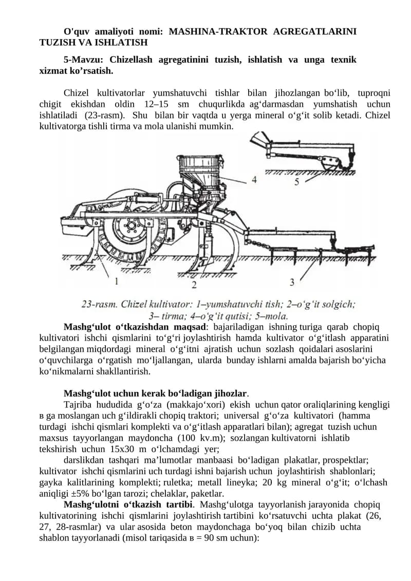 MASHINA-TRAKTOR AGREGATLARINI TUZISH VA ISHLATISH