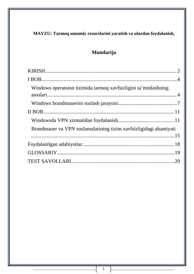 Windows operatsion tizimida tarmoq xavfsizligini ta’minlashning asoslari