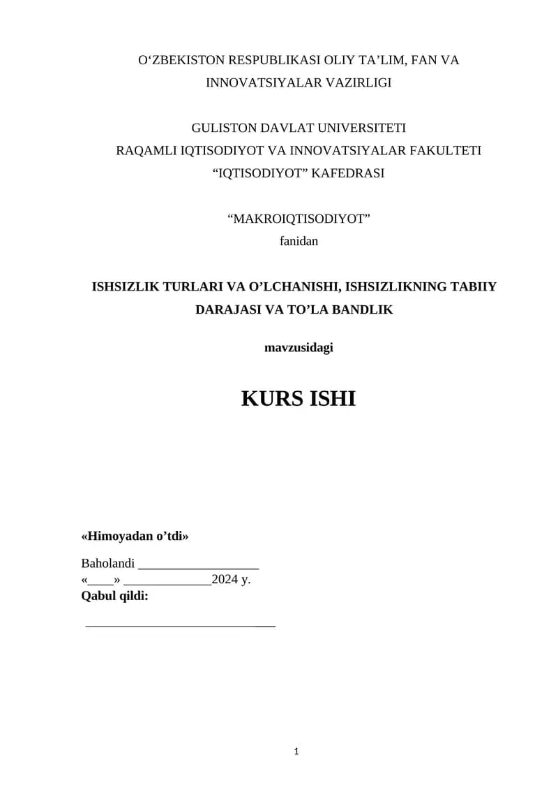 ISHSIZLIKNING TURLARI VA O'LCHANISHI