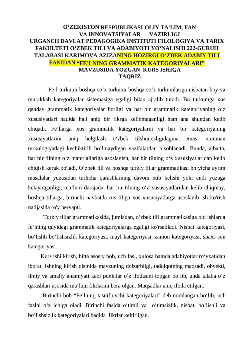 "Fe’lning Grammatik Kategoriyalari"