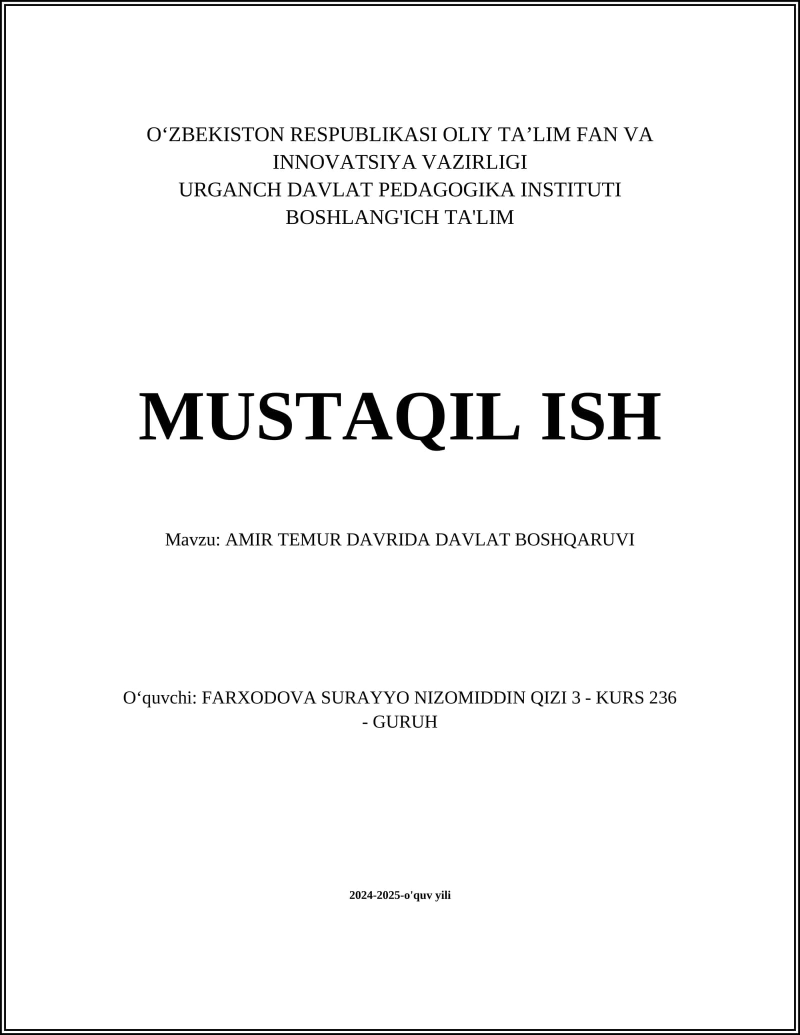 AMIR TEMUR DAVRIDA DAVLAT BOSHQARUVI