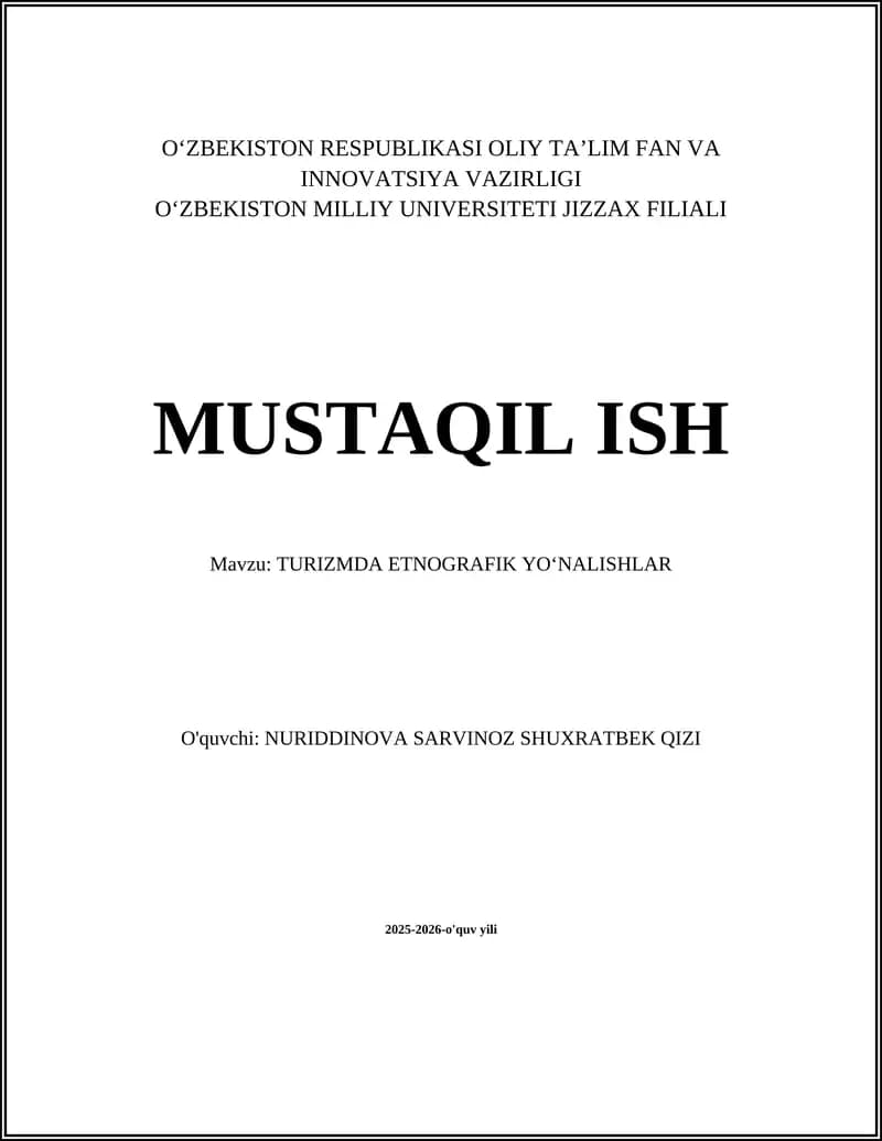 TURIZMDA ETNOGRAFIK YOʻNALISHLAR