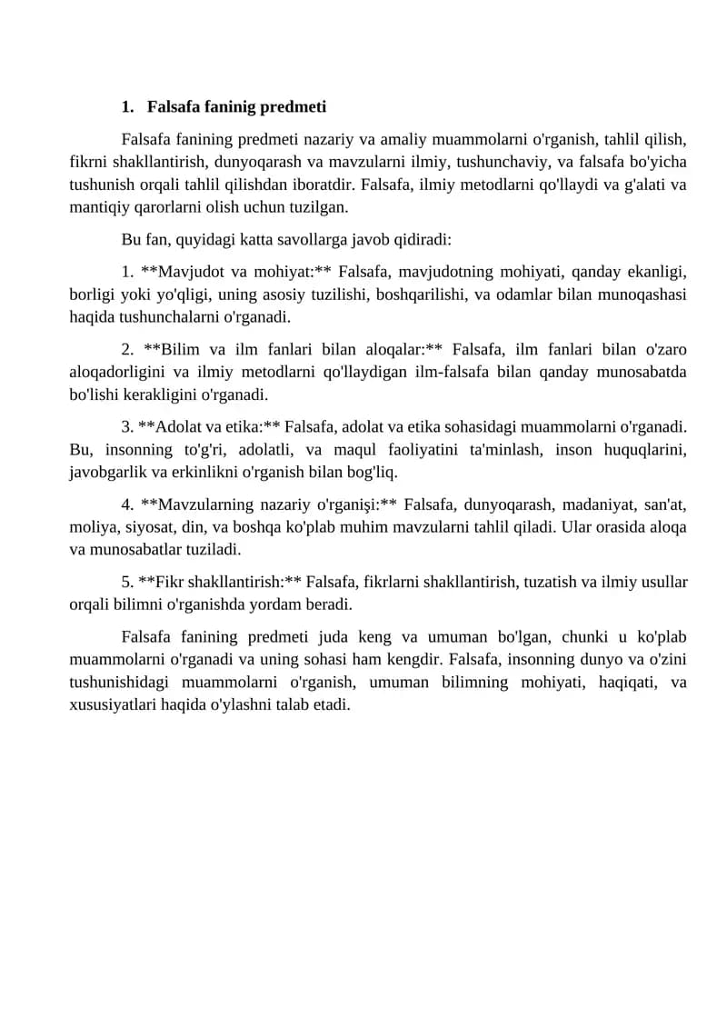 Falsafa fanining predmeti