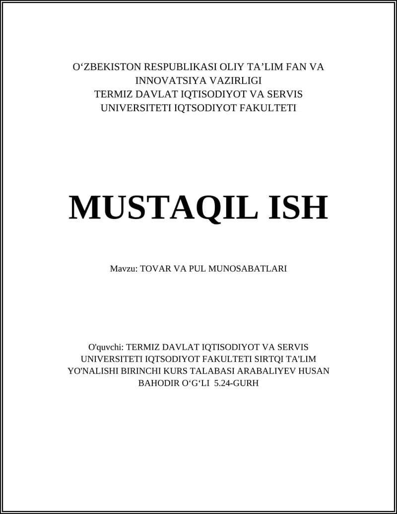 TOVAR VA PUL MUNOSABATLARI