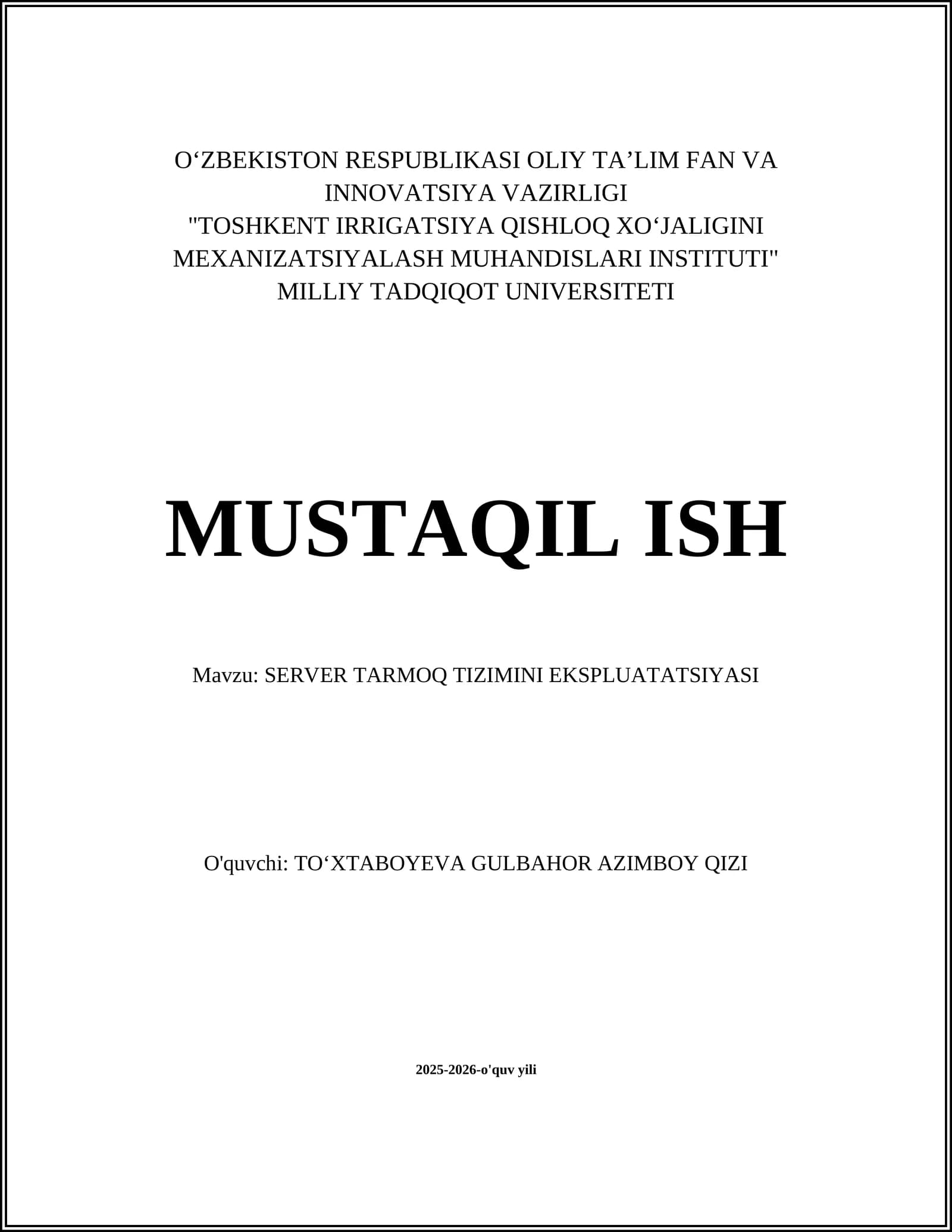 SERVER TARMOQ TIZIMINI EKSPLUATATSIYASI
