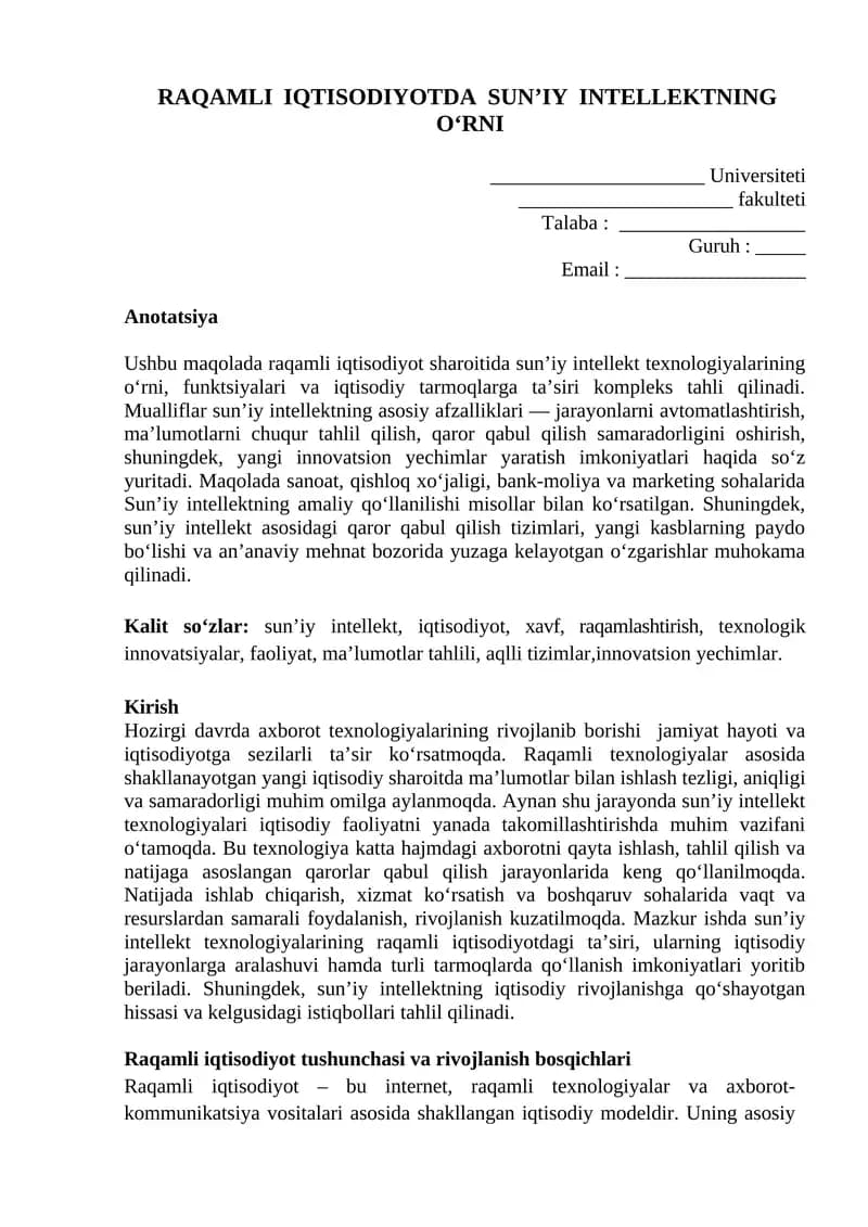 Raqamli iqtisodiyotda Sun’iy Intellektning O‘rni