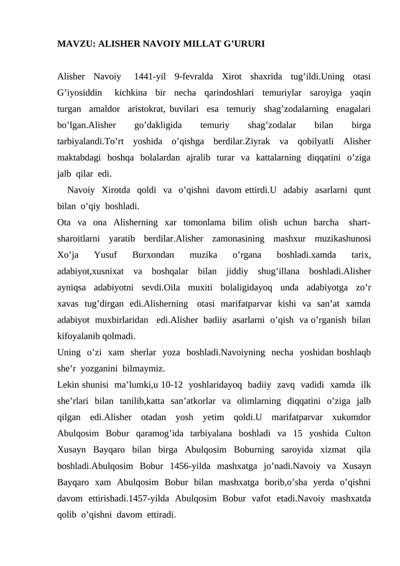 ALISHER NAVOIY MILLAT G’URURI