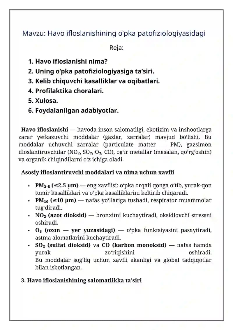 Havo ifloslanishining o‘pka patofiziologiyasidagi