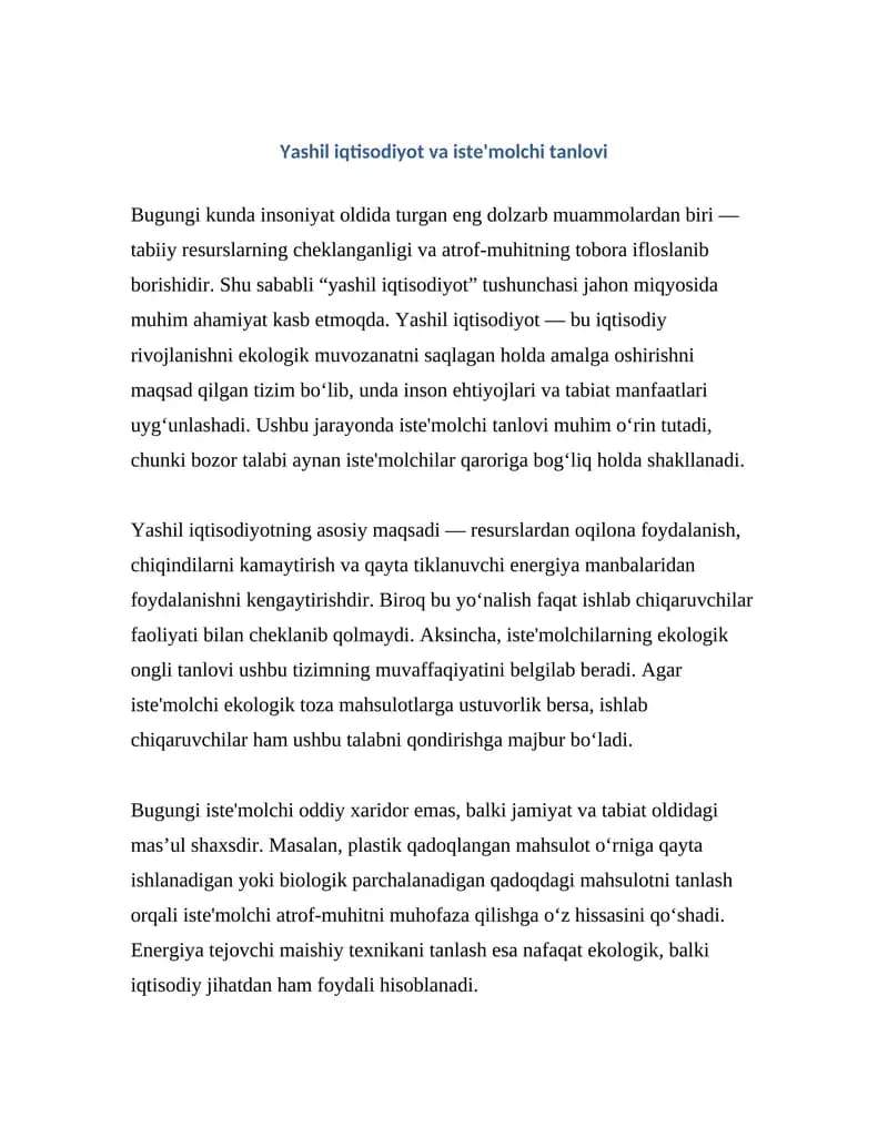 Yashil iqtisodiyot va iste'molchi tanlovi