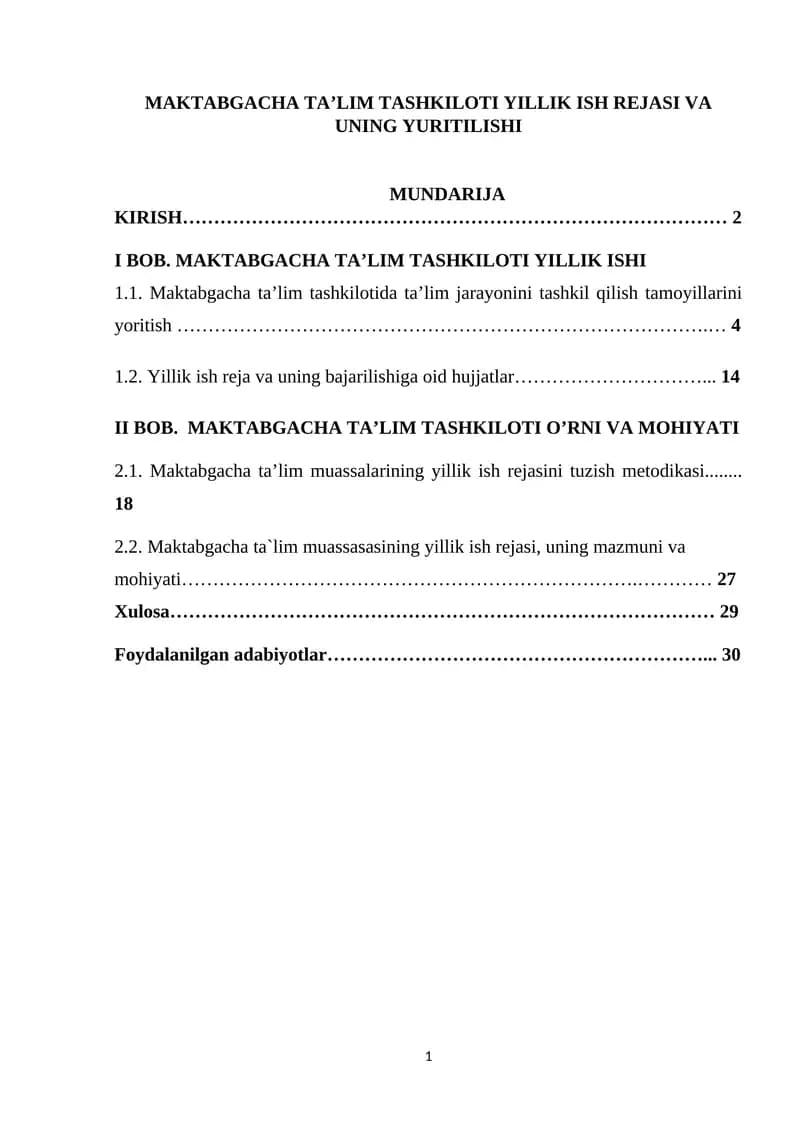 MAKTABGACHA TA'LIM TASHKILOTI YILLIK ISH REJASI VA UNING YURITILISHI