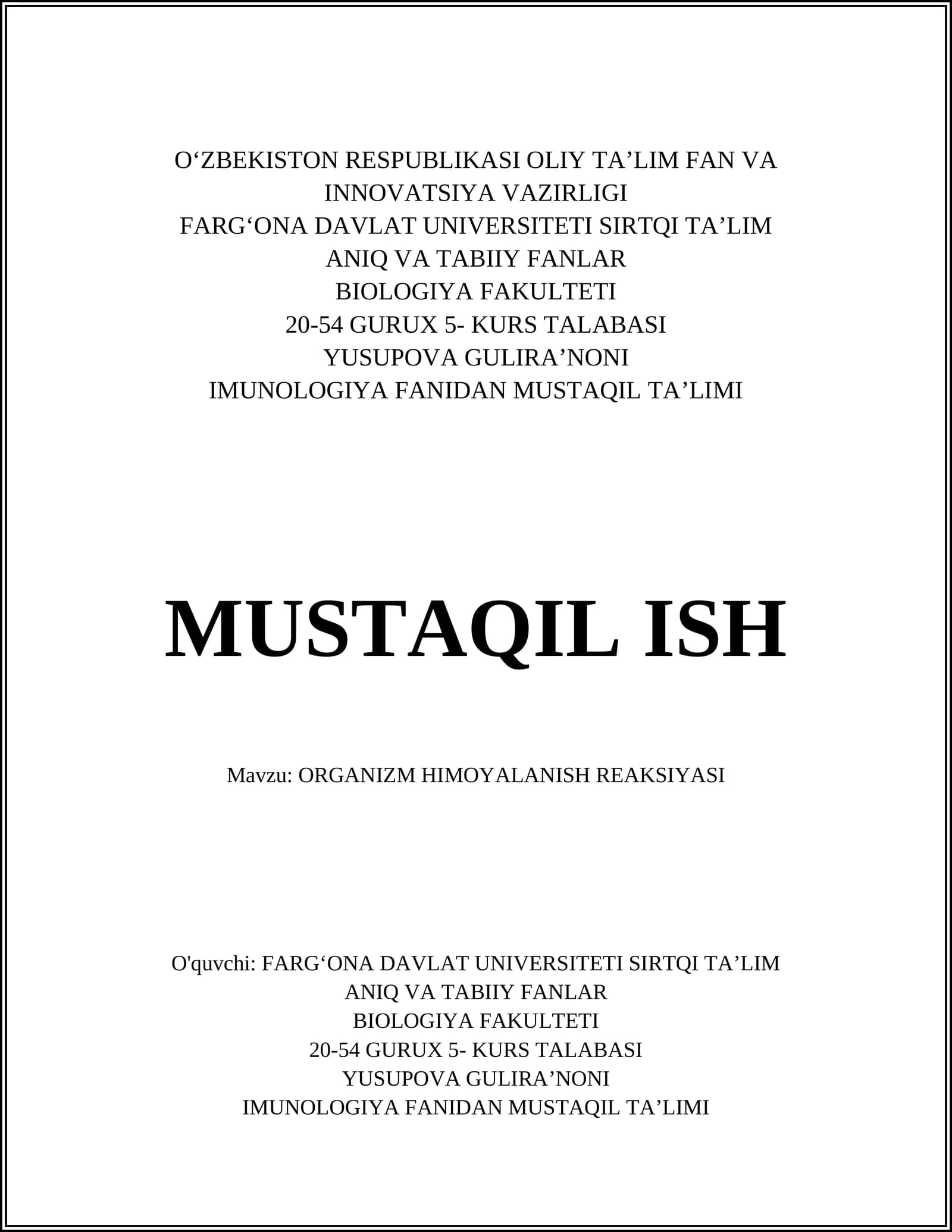 ORGANIZM HIMOYALANISH REAKSIYASI
