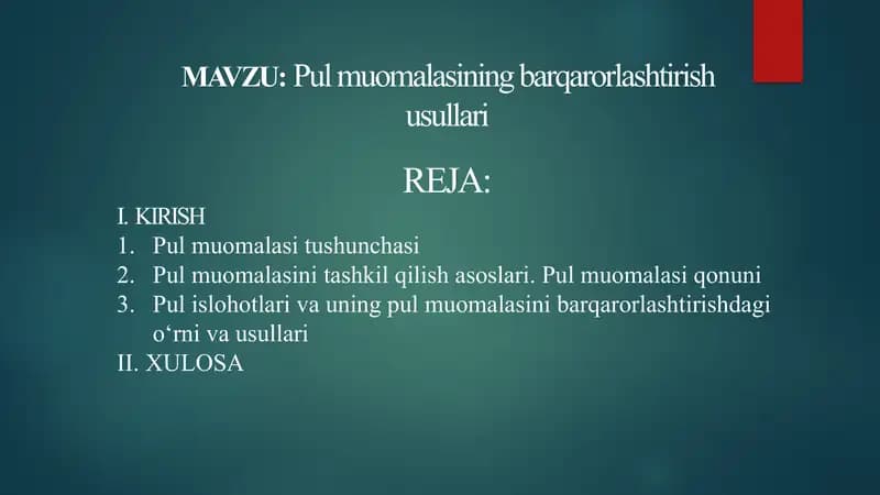 Pul muomalasining barqarorlashtirish usullari